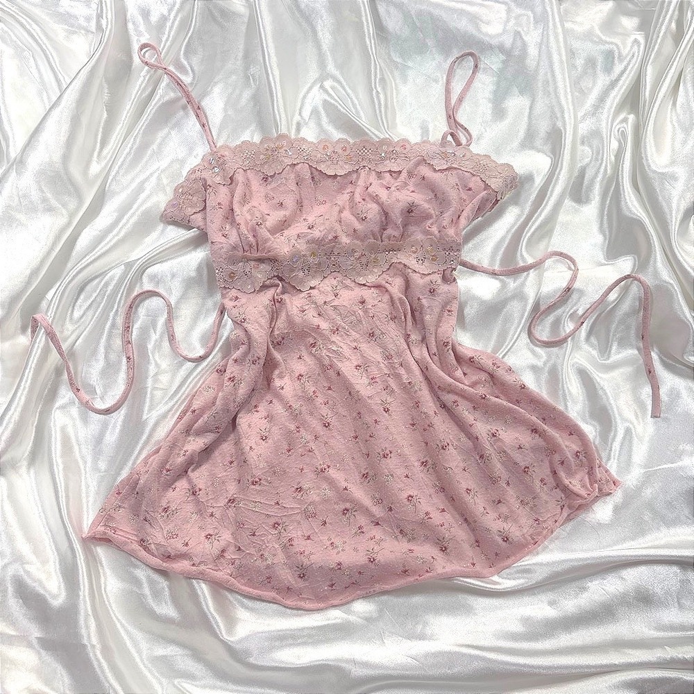 y2k Cami Top Pink Excellent Gadzooks Floral Lace Sequin Babydoll Coquette